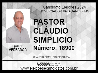 Candidato PASTOR CLÁUDIO SIMPLICIO 2024 - GOVERNADOR VALADARES - Eleições