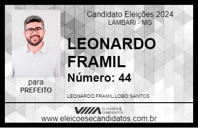 Candidato LEONARDO FRAMIL 2024 - LAMBARI - Eleições