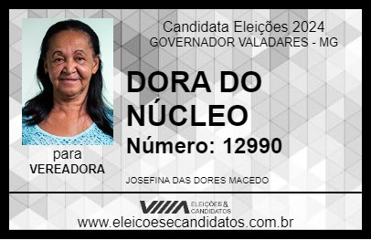 Candidato DORA DO NÚCLEO 2024 - GOVERNADOR VALADARES - Eleições