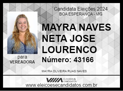 Candidato MAYRA NAVES NETA JOSE LOURENCO 2024 - BOA ESPERANÇA - Eleições