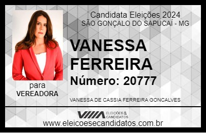 Candidato VANESSA FERREIRA 2024 - SÃO GONÇALO DO SAPUCAÍ - Eleições