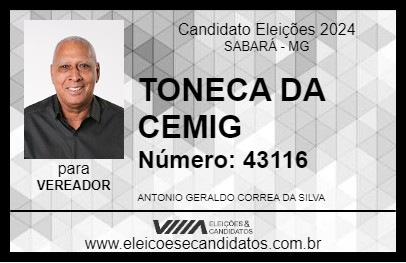 Candidato TONECA ELETRICISTA 2024 - SABARÁ - Eleições