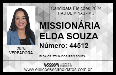 Candidato MISSIONÁRIA ELDA SOUZA 2024 - ITAÚ DE MINAS - Eleições