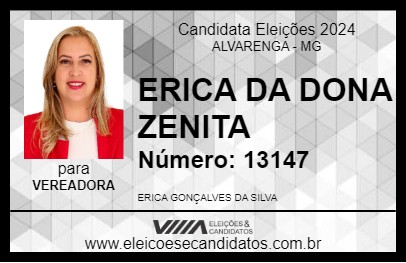 Candidato ERICA DA DONA ZENITA 2024 - ALVARENGA - Eleições