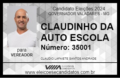 Candidato CLAUDINHO DA AUTO ESCOLA 2024 - GOVERNADOR VALADARES - Eleições