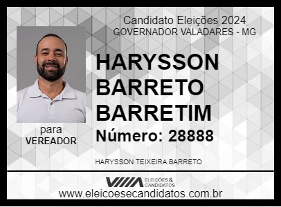 Candidato HARYSSON BARRETO BARRETIM 2024 - GOVERNADOR VALADARES - Eleições