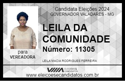 Candidato LEILA DA COMUNIDADE 2024 - GOVERNADOR VALADARES - Eleições