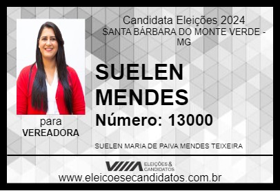 Candidato SUELEN MENDES 2024 - SANTA BÁRBARA DO MONTE VERDE - Eleições