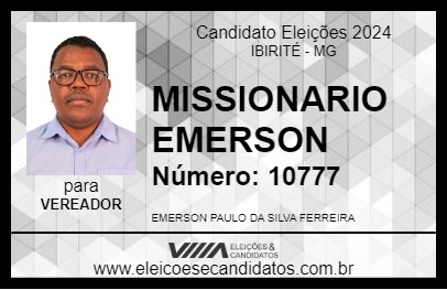 Candidato MISSIONARIO EMERSON 2024 - IBIRITÉ - Eleições