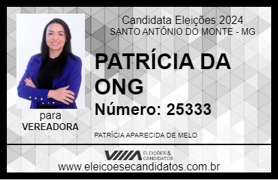 Candidato PATRÍCIA DA ONG 2024 - SANTO ANTÔNIO DO MONTE - Eleições