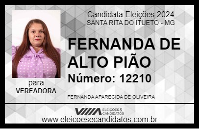 Candidato FERNANDA DE ALTO PIÃO 2024 - SANTA RITA DO ITUETO - Eleições