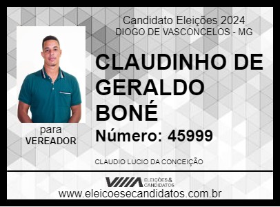 Candidato CLAUDINHO DE GERALDO BONÉ 2024 - DIOGO DE VASCONCELOS - Eleições