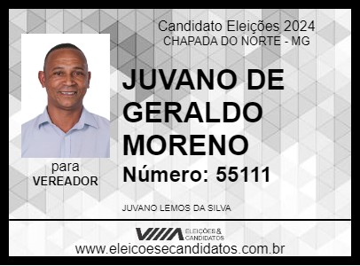 Candidato JUVANO DE GERALDO MORENO 2024 - CHAPADA DO NORTE - Eleições