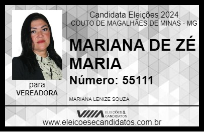 Candidato MARIANA DE ZÉ MARIA 2024 - COUTO DE MAGALHÃES DE MINAS - Eleições