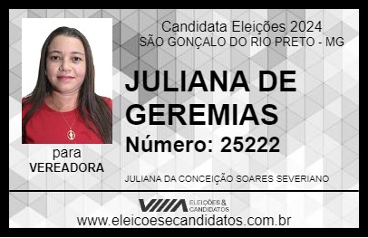 Candidato JULIANA DE GEREMIAS 2024 - SÃO GONÇALO DO RIO PRETO - Eleições