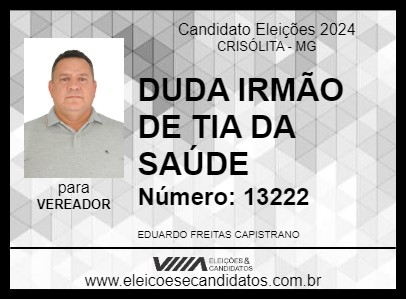 Candidato DUDA IRMÃO DE TIA DA SAÚDE 2024 - CRISÓLITA - Eleições