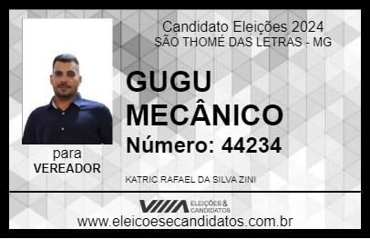 Candidato GUGU MECÂNICO 2024 - SÃO THOMÉ DAS LETRAS - Eleições