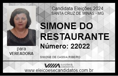 Candidato SIMONE DO RESTAURANTE 2024 - SANTA CRUZ DE MINAS - Eleições