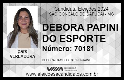 Candidato DEBORA PAPINI DO ESPORTE 2024 - SÃO GONÇALO DO SAPUCAÍ - Eleições