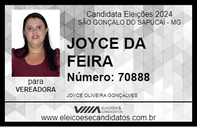 Candidato JOYCE DA FEIRA 2024 - SÃO GONÇALO DO SAPUCAÍ - Eleições