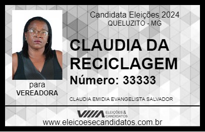 Candidato CLAUDIA DA RECICLAGEM 2024 - QUELUZITO - Eleições