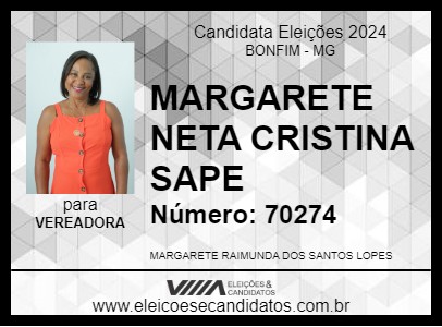 Candidato MARGARETE NETA CRISTINA SAPE 2024 - BONFIM - Eleições