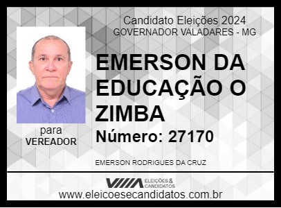 Candidato EMERSON DA EDUCAÇÃO O ZIMBA 2024 - GOVERNADOR VALADARES - Eleições