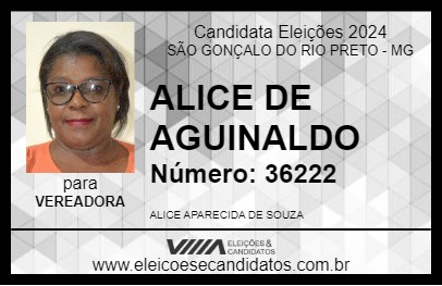 Candidato ALICE DE AGUINALDO 2024 - SÃO GONÇALO DO RIO PRETO - Eleições