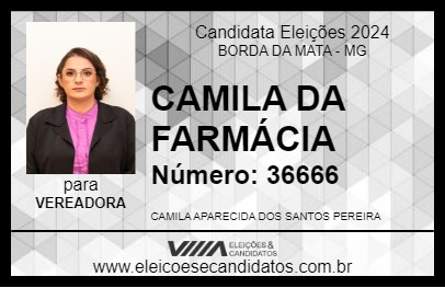 Candidato CAMILA DA FARMÁCIA 2024 - BORDA DA MATA - Eleições