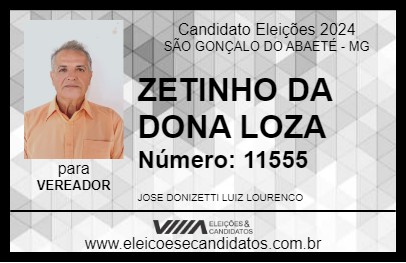 Candidato ZETINHO DA DONA LOZA 2024 - SÃO GONÇALO DO ABAETÉ - Eleições