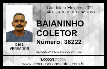 Candidato BAIANINHO COLETOR 2024 - SÃO JOAQUIM DE BICAS - Eleições