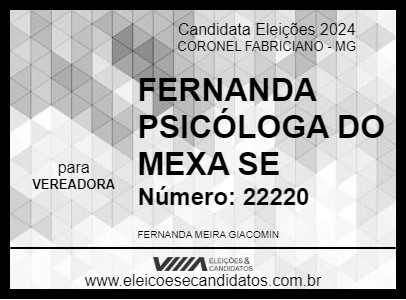 Candidato FERNANDA PSICÓLOGA DO MEXA SE 2024 - CORONEL FABRICIANO - Eleições