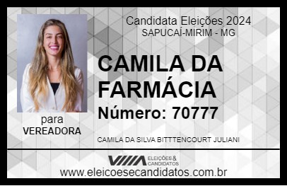 Candidato CAMILA DA FARMÁCIA 2024 - SAPUCAÍ-MIRIM - Eleições