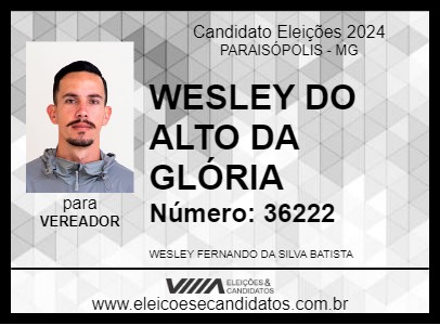 Candidato WESLEY DO ALTO DA GLÓRIA 2024 - PARAISÓPOLIS - Eleições