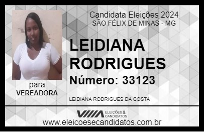 Candidato LEIDIANA RODRIGUES 2024 - SÃO FÉLIX DE MINAS - Eleições