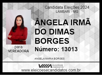 Candidato ÂNGELA IRMÃ DO DIMAS BORGES 2024 - LAMBARI - Eleições