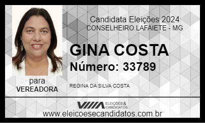 Candidato GINA COSTA 2024 - CONSELHEIRO LAFAIETE - Eleições