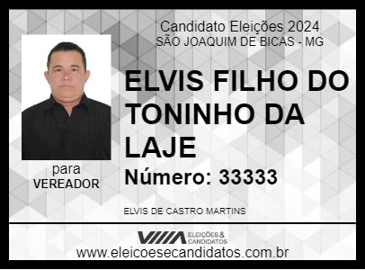 Candidato ELVIS FILHO DO TONINHO DA LAJE 2024 - SÃO JOAQUIM DE BICAS - Eleições