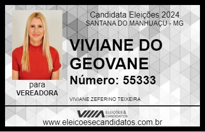 Candidato VIVIANE DO GEOVANE 2024 - SANTANA DO MANHUAÇU - Eleições