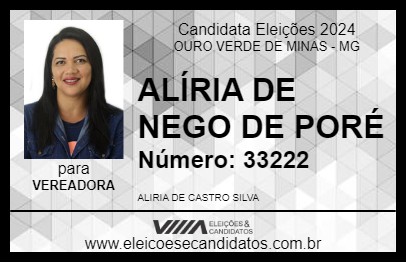 Candidato ALÍRIA DE NEGO DE PORÉ 2024 - OURO VERDE DE MINAS - Eleições