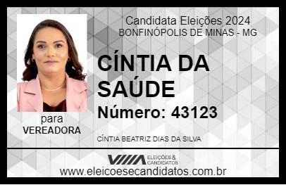 Candidato CÍNTIA DA SAÚDE 2024 - BONFINÓPOLIS DE MINAS - Eleições