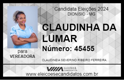 Candidato CLAUDINHA DA LUMAR 2024 - DIONÍSIO - Eleições