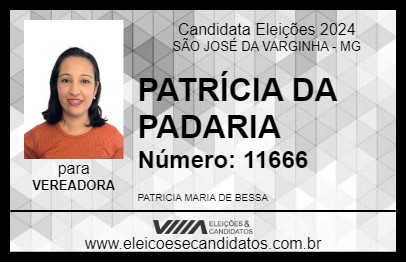 Candidato PATRÍCIA DA PADARIA 2024 - SÃO JOSÉ DA VARGINHA - Eleições