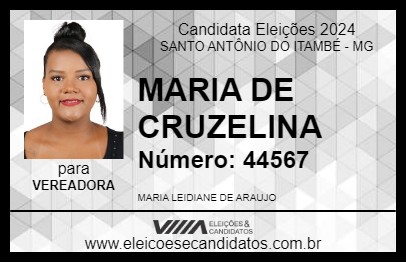 Candidato MARIA DE CRUZELINA 2024 - SANTO ANTÔNIO DO ITAMBÉ - Eleições