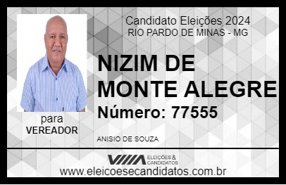 Candidato NIZIM DE MONTE ALEGRE 2024 - RIO PARDO DE MINAS - Eleições