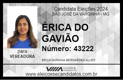 Candidato ÉRICA DO GAVIÃO 2024 - SÃO JOSÉ DA VARGINHA - Eleições