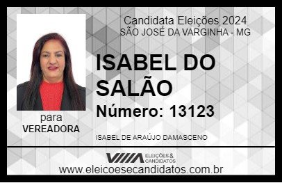 Candidato ISABEL DO SALÃO 2024 - SÃO JOSÉ DA VARGINHA - Eleições