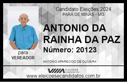 Candidato ANTONIO DA RAINHA DA PAZ 2024 - PARÁ DE MINAS - Eleições