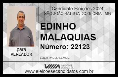 Candidato EDINHO MALAQUIAS 2024 - SÃO JOÃO BATISTA DO GLÓRIA - Eleições