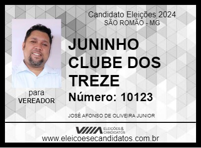 Candidato JUNINHO CLUBE DOS TREZE 2024 - SÃO ROMÃO - Eleições